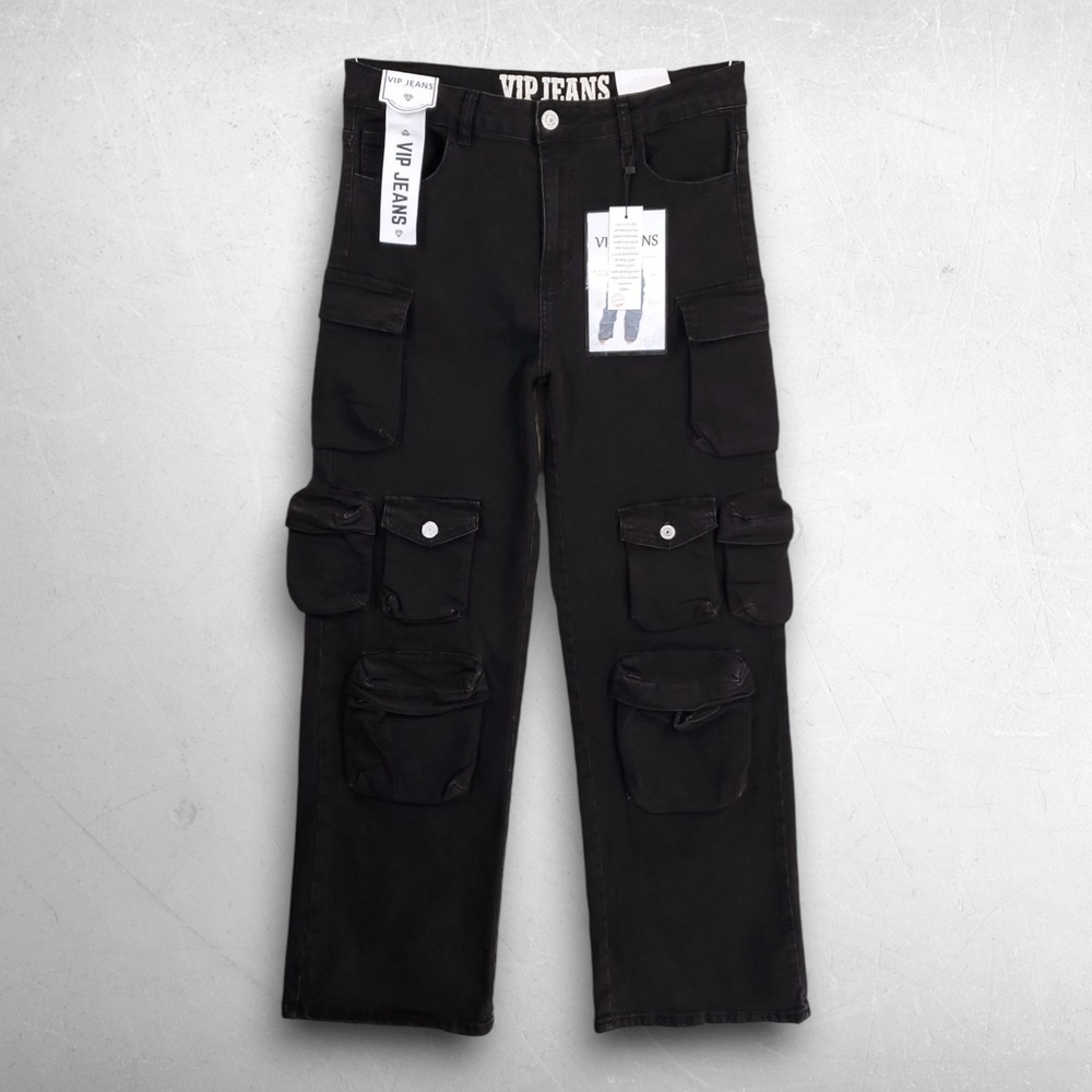 VIP Jeans Wide Leg Cargo Pants Women 31/Jr 13 Black Y2K Gorpcore Streetwear NWT